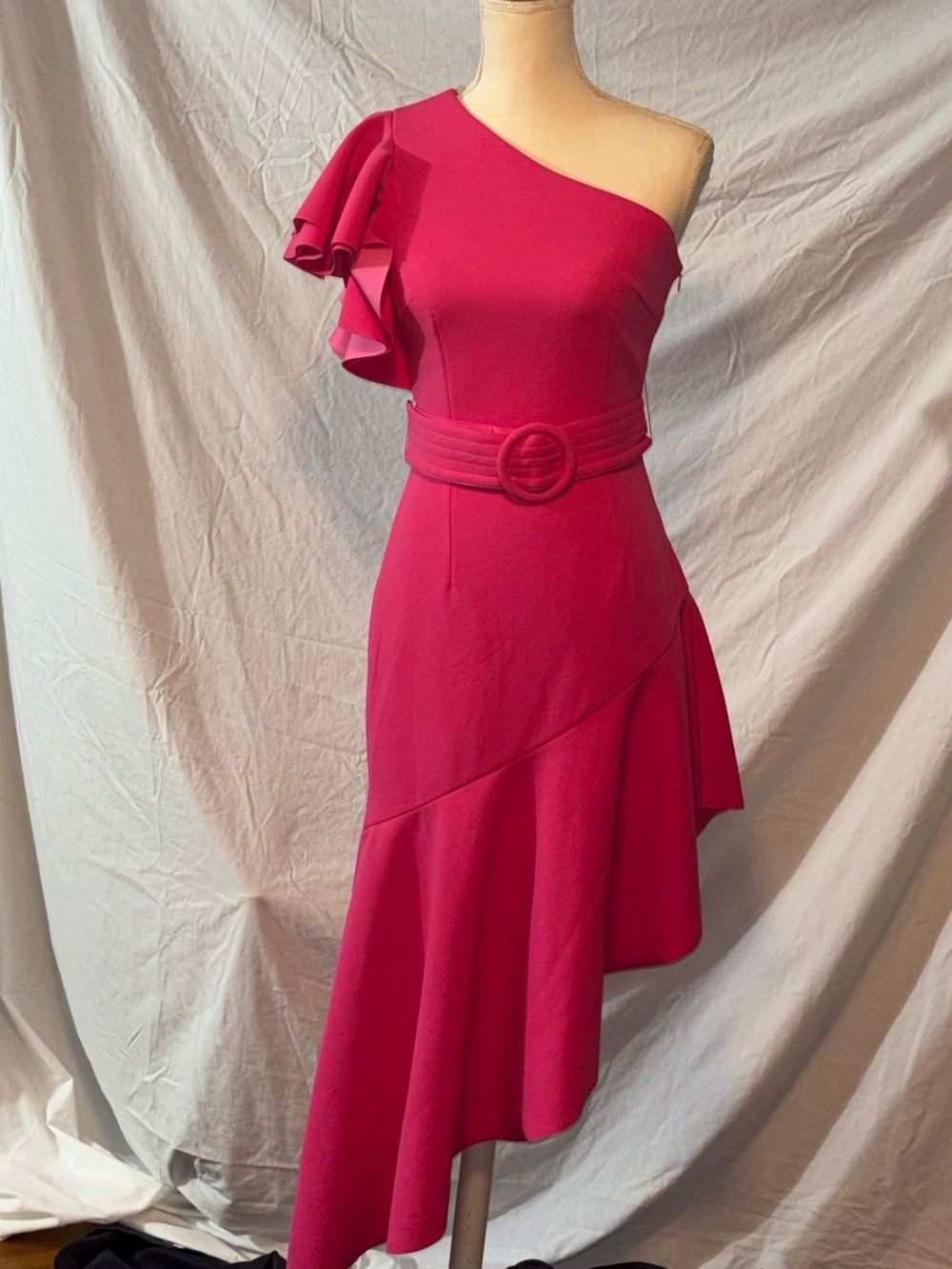 One-Shoulder Ruffle Belted Dress in Pink